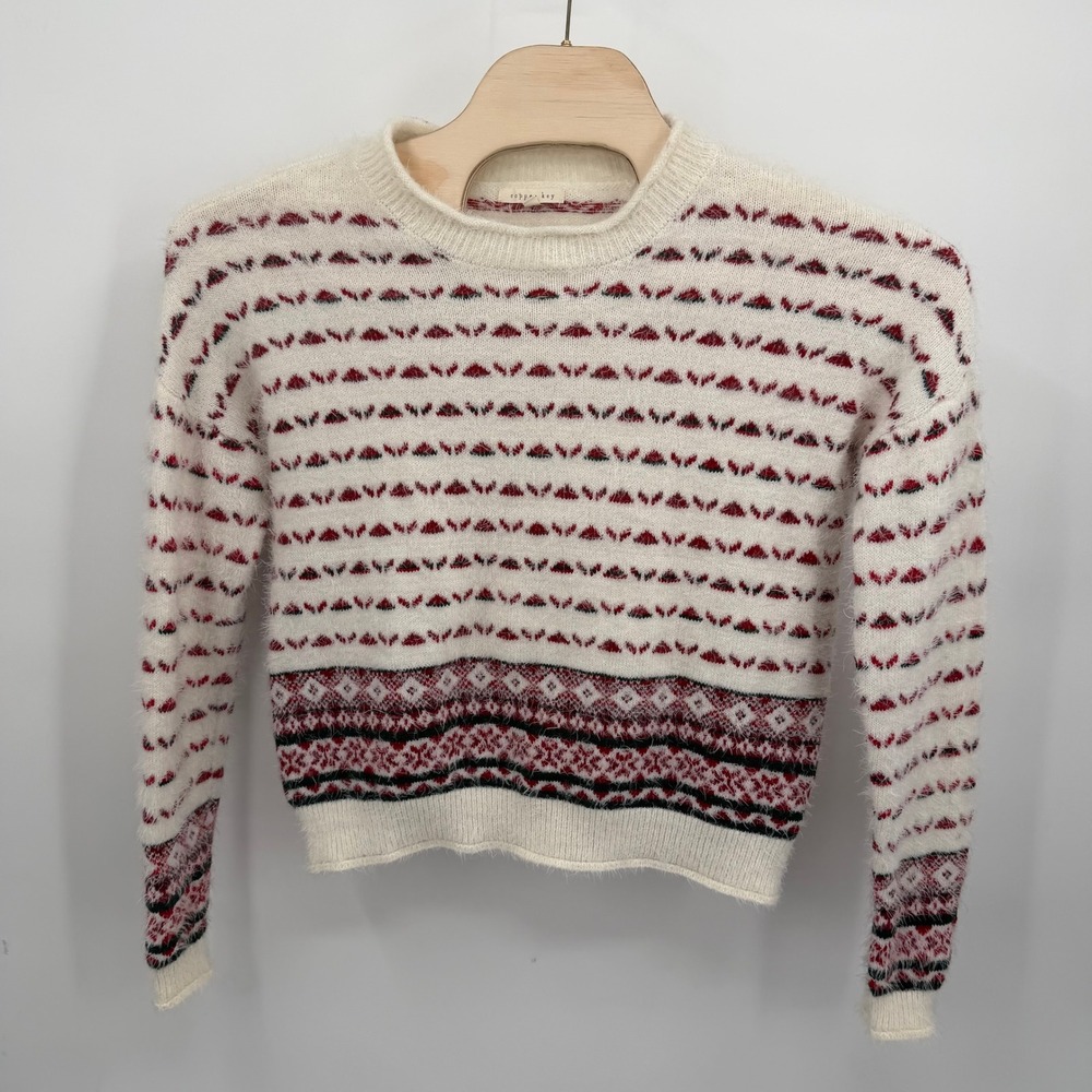 Copper Key Women's XL Sweater Fuzzy Fair Isle Snowflake Crewneck‎ Cream Red